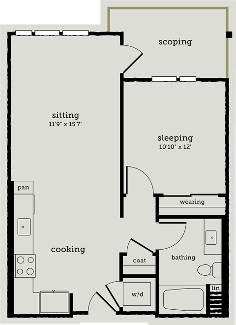 a floor plan of a small house with a kitchen and a living room